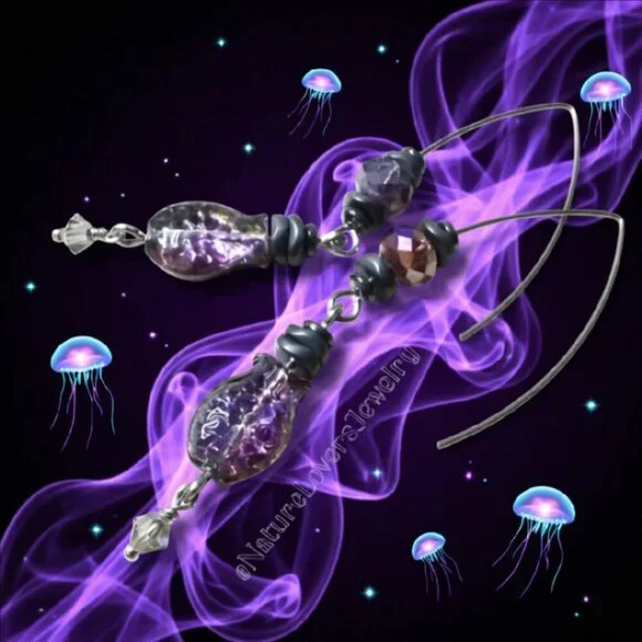 Purple + Black Iridescent Glass Fish Danglers ~ Goth + Beachy! Sea Life Earrings - Picture 3 of 13